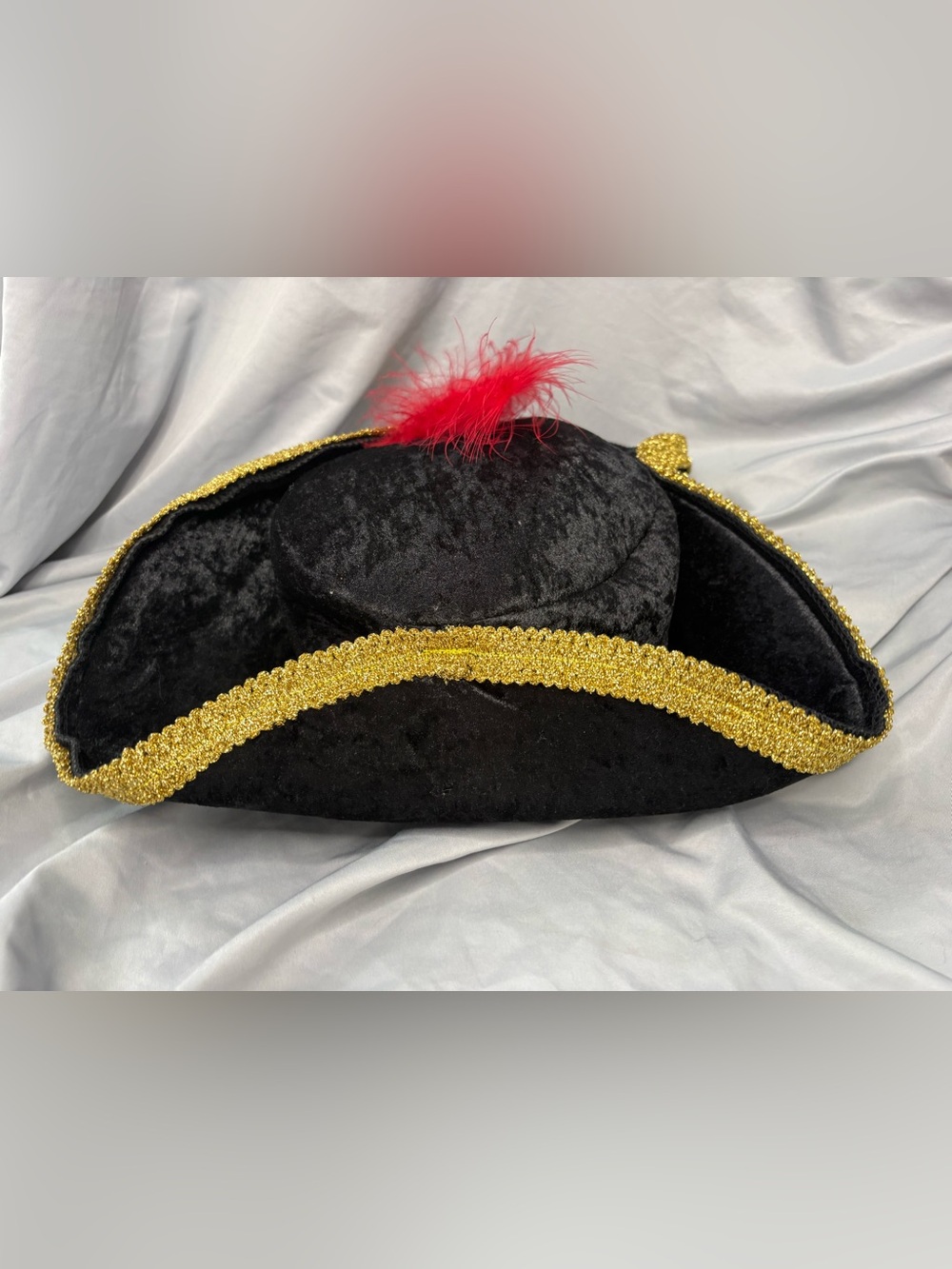 Black Velvet Tricorn Pirate Hat with Red Feather and Gold Trim - Picture 3 of 4